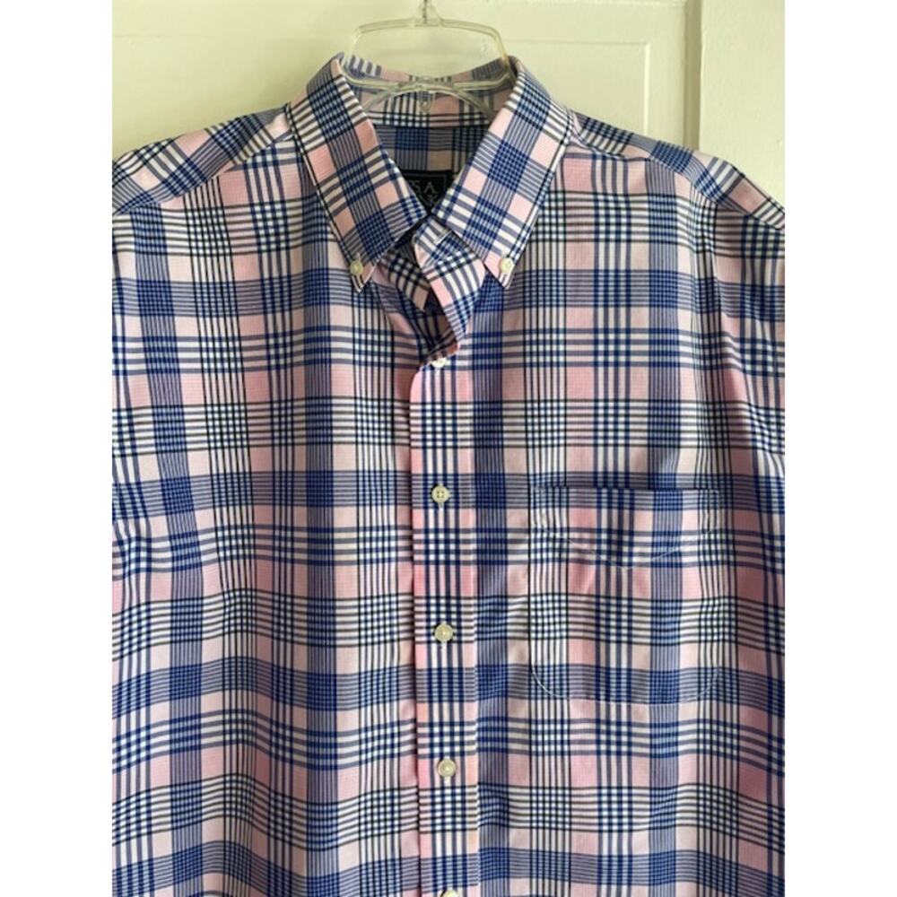Jos. A. Bank Size Large Short Sleeve Button Front Pink & Blue Plaid Shirt - Picture 2 of 4